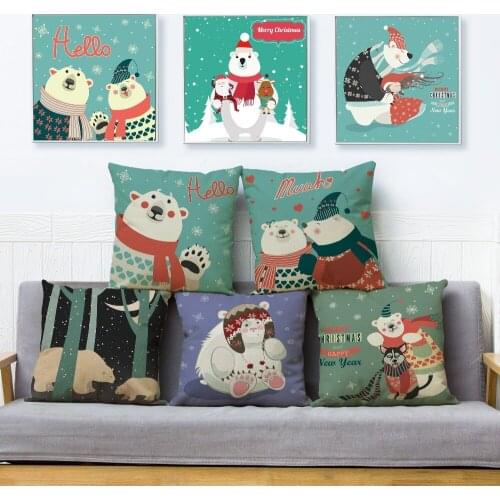 Green Background Cartoon Polar Bear Cushion Cover Pillow Case Decor Merry Christmas Happy New Year Pillowcase for Sofa 45x45cm