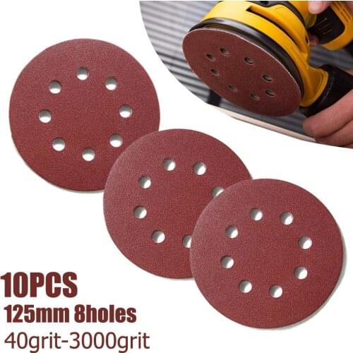 10Pcs 5inch 125mm Sandpaper 8 Holes Hook Loop Sanding Disc 40-3000 Grit Sand Paper Polishing Pad For Wood Metal Glass Leather