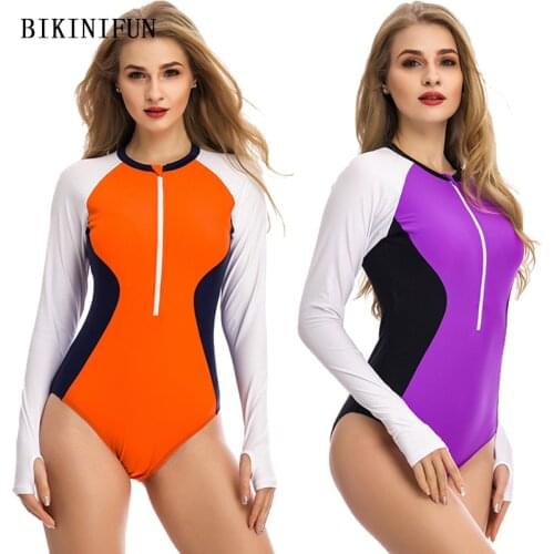 2020 New Elegant Solid Patchwork Beachwear Long Sleeve Rash Guards Fitness One Piece Suit M-2XL Girl Front Zipper Monokini