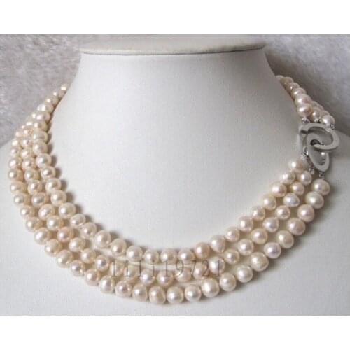 3 Row 7-8mm White Freshwater Cultured Pearl Necklace 16-18" ^^@^Noble style Natural Fine jewe