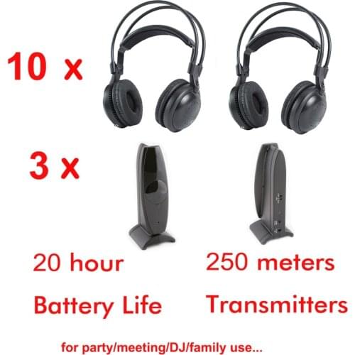 Professional Ultra low bass Silent disco Wireless headphones 10pcs and 3 transmitters- for silent party meeting DJ and so on