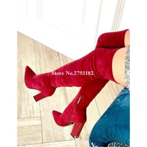 Women Fashion Style Pointed Toe Suede Leather Over Knee Chunky Heel Boots Black Red Long Thick High Heel Boots Formal Dress Shoe