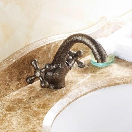 Swan Mixer Taps Basin Faucet Dual Handles Antique Bronze Finish Copper Deck Mount Mixer Taps RB1012