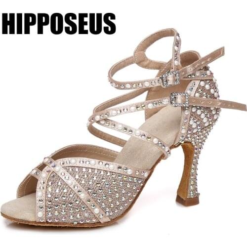 Hipposeus Girls Latin Dance Shoes for Women Ladies Ballroom Modern Tango Dancing Shoes Rhinestone High Heels Shoe Salsa Sandral