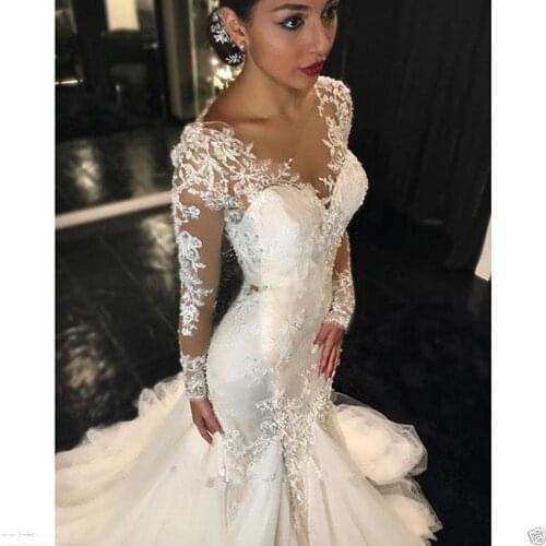 Vintage Mermaid Wedding Dresses O Neck Illusion Lace Crystal Beaded Tulle Long Sleeves Bridal Wedding Gowns Vestido De Noiva