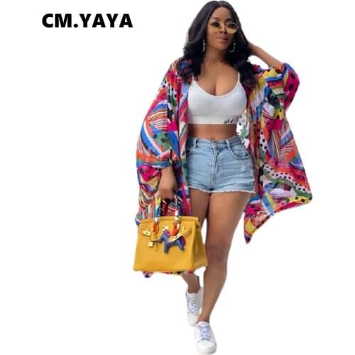 CM.YAYA Women Capes Ponchos Print Full Lantern Sleeve Open Stitch X-long Coat Fashion Casual High Streetwear Clothing Fall 2021