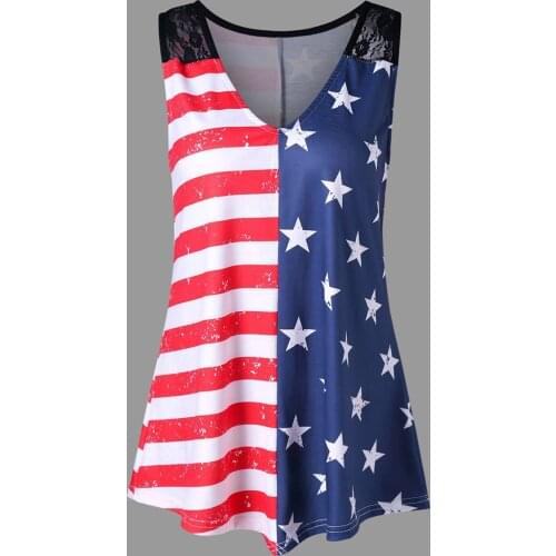 Women 4th of July Patriotic American Flag Black Lace Shoulder Tank Top V-Neck T-Shirt Plus Size S-2XL Sleeveless Bluose
