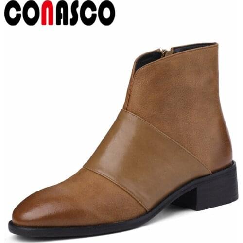 CONASCO Fashion Punk Women Ankle Boots Autumn Winter Warm Cow Leather Party Basic Prom Office New Punk High Quality Shoes Woman