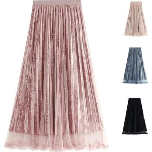 Women Midi Skirt Pleated A-line Elastic High Waist Long Mesh Winter Casual Skirts