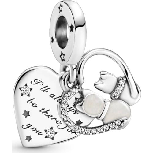 Fits Pandora Bracelet 925 Sterling Silver Cats & Hearts Dangle Charm Clear CZ Beads for Jewelry Making Women Kralen 2021 New