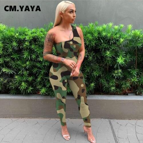 CM.YAYA Leopard Camouflage Print One Shoulder Women Jumpsuit Streetwear Summer Active Romper Outfits