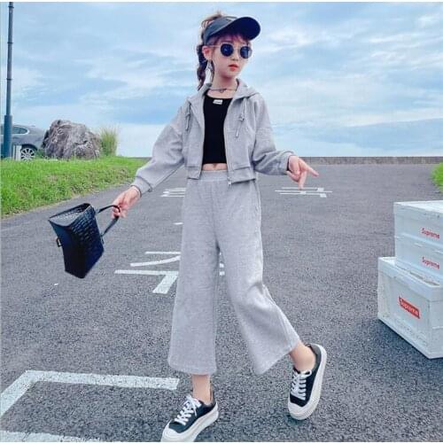 2021 Korea style girls 2 pcs sports set coat+wide pants cotton fashion autumn girls suit 5-10t B453