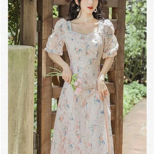 Dresses for women 2021 Puff Sleeve Fairy Floral Lace Dress Summer Square Collar Retro French Dress Robe Femme