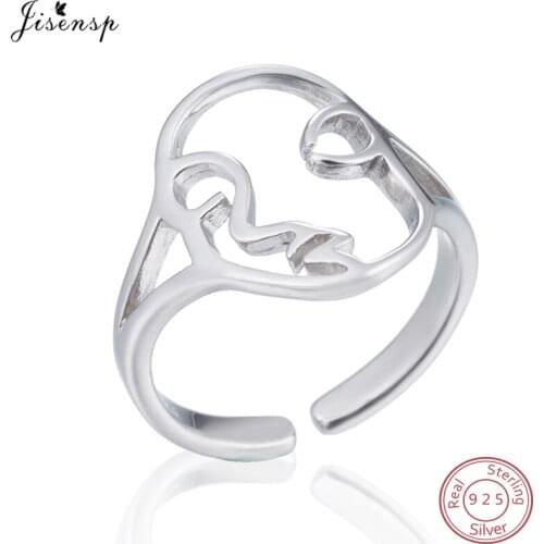Jisensp 925 Sterling Silver Vintage Hollow Human Face Rings for Women Fashion Creative Finger Rings Female bague femme anel