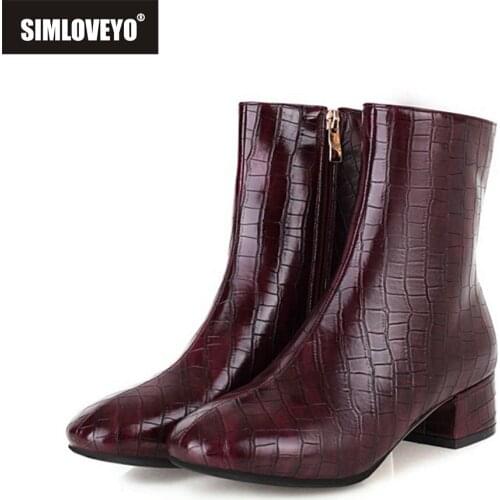 SIMLOVEYO Winter Mid-calf boots Square toe 4cm Block heels checkered Zip Solid Big size 34-48 Black Green Apricot Work C2049