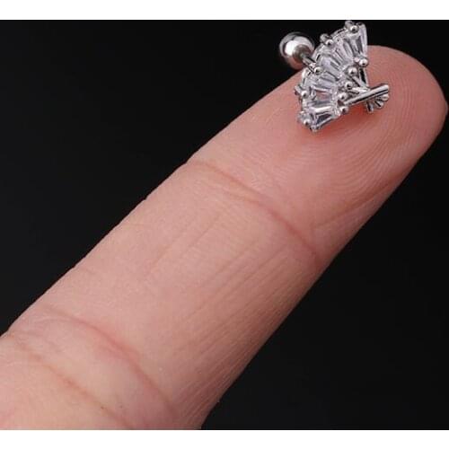 1 PCS Cute Mini Small Zircon Fan Shape Ear Cartilage Stud Cuff Earring Gold Color Stainless Steel Bar Ball Ear Clip Jewelry