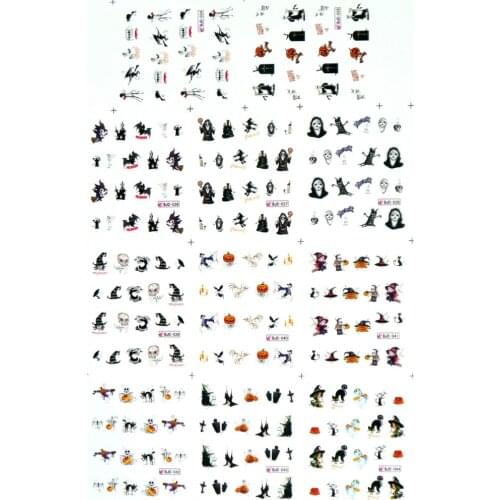 11 PACKS / LOT SILVERY GLITTER POWDER WATER DECAL SLIDER NAIL ART BEAUTY HALLOWEEN SKULL WITCH BLACK CAT VAMPIRE BJC034-044