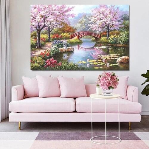 Acrilic Paint Canvas Painting Cherry Blossom Landscape Picture Canvas Living Room Wall Art Pictures Artist Decoration