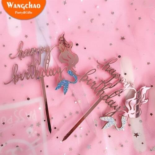 3 Colors Acrylic Mermaid Happy Birthday Cake Topper Little Mermaid Kids Girl Party Supplies DIY Cartoon Cake Decoration