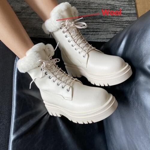INS Fashion Natural Genuine Leather Martins Boots Women Warm Sheep Fur Wool Bootie Woman Waterproof Thick Outsole Platform Shoes