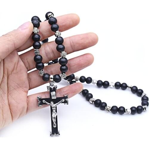 Orthodox Church Crucifix Cross Pendants Rosary Necklace Christ Prayer Black Wooden Rosaries Beads Chain Religious Jewelry