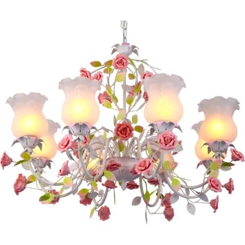 Floral E27 Led Chandelier Romantic Dining Living Room Ceramic Rose Flower Pendant Lamp Girls Bedroom Decor Home Hanging Lighting