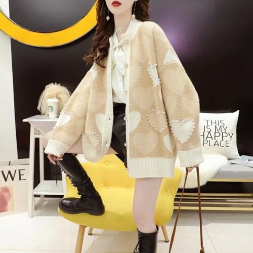 Japanese beaded love cardigan sweater womens jacket autumn and winter 2021 new Korean retro casual long-sleeved knitted top