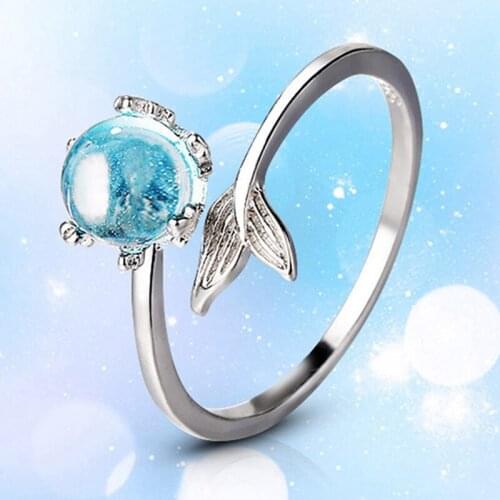 Brand Silver Color Blue Crystal Mermaid Bubble Open Rings for Women Creative Fashion Adjustable Ring Female Jewelry Gifts