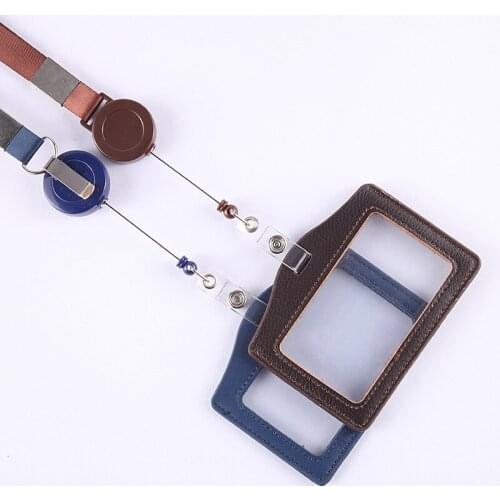 Lanyards ID Badge Holder Leather Pass Case Cover Bank Credit Card Holder Retractable Strap Pass Holder