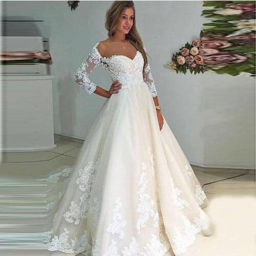 Lace A Line 3/4 Sleeves Sweep Train Tulle Applique Wedding Dresses with Appliques 2021 Corset Back Vestido De Noiva