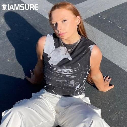 IAMSURE Y2K Aesthetic Printed Mesh Top Sexy See Through Sleeveless WomenS Summer Tank Tops 2021 Fashion Casual Cool Streetwear