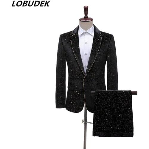 Fashion Velvet Bronzing Mens Suit Black/Royal Blue/Army Blue Slim Fit Tuxedo Blazer+Pants 2 Piece Suits Wedding Banquet Outfits