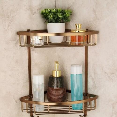 Wall Mounted Antique Finish Aluminum Bathroom Shower Shampoo Shelf Basket Holder Fashion Double Layer
