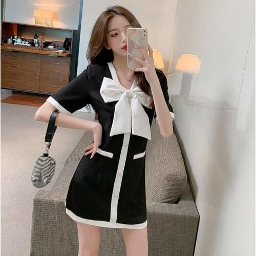 Summer New Temperament Midi Dress Chic Black White Stitching Bow Dress Sukienki Na Wesele Damskie Dresses Woman Party Night