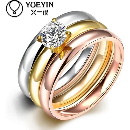R030-A-8 Fashion titanium steel ring Three different colors rings for women and men wedding rings zircon ring bague femme