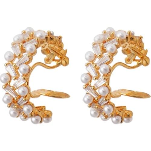 New Vintage Japan Korean exquisite Clip on Hoop Earrings for Women Sweet Zircon and Simulated Pearl No Pierced Ear Clips Jewelry