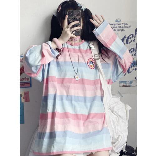 Spring autumn embroidery stripe Tops Tee Women full Sleeve T-shirt Casual Female harajuku Long Sleeve T Shirt girl Christmas Top