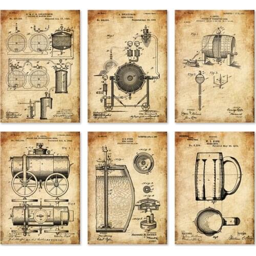 Vintage patent art prints on beer cup beer making wall decor prints 6 in 1 unframed