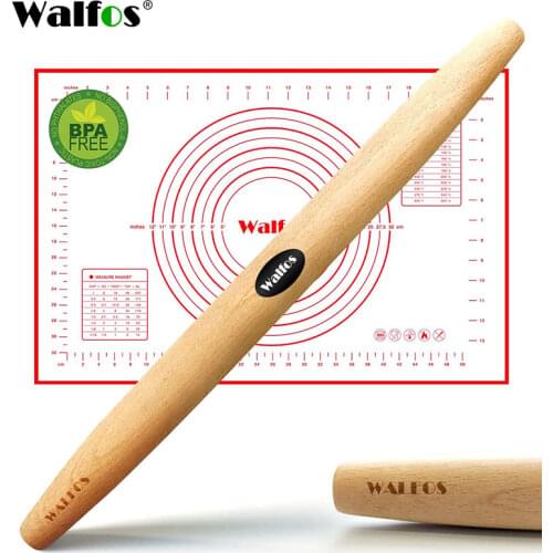 WALFOS French Rolling Pin and Silicone Pastry Mat Set Beech Wood Rolling Pin 18 Inch For Best Pie Crust Cookie Pasta Pizza Doug
