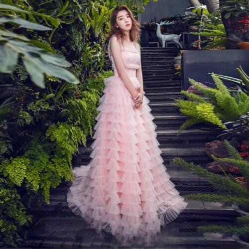Luxury Runway Designers 2020 Summer Women Pink Mesh Tulle Dress Long Maxi Multi Layer Ruffles Princess Gown Prom Vestidos