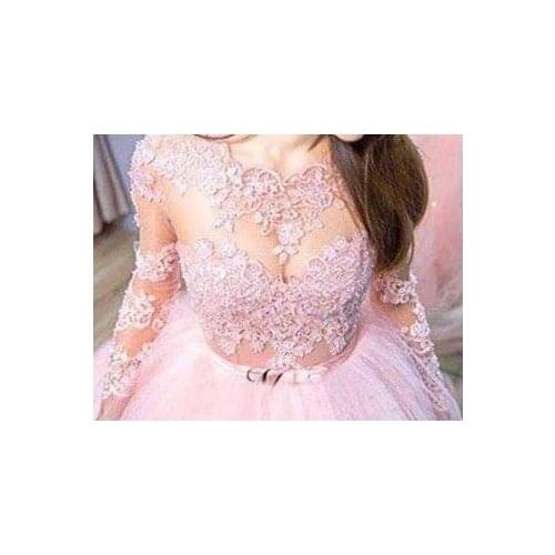 Free shipping party gown custom made long sleeves lace appliques beading pink ball gown Quinceanera Dresses