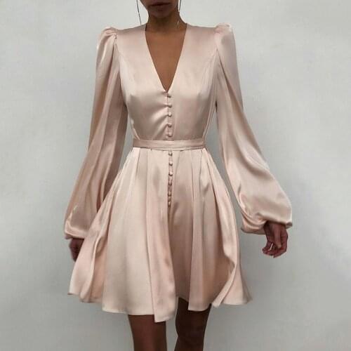 40# Women Plain Puff Sleeve Dresses Spring Ruffle Button Long Sleeve V-neck Party Club Mini Stain Casual Dress Готическое Платье