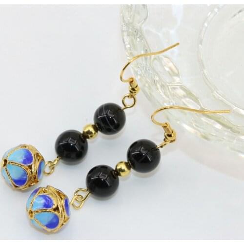 Free shipping original design long dangle earring black agat drop gold-color cloisonne earrings for women charms jewelry B2639
