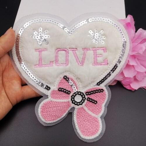 Large sewing lace fluffy sequins embroidery heart bow cloth stickers love fashion womens T-shirt show decoration applique