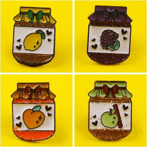Cartoon Fruits Bottle Brooch Cute Lemon Apple Grape Can Enamel Lapel Pin Denim Jacket Backpack Fashion Badge Friend Gift Jewelry