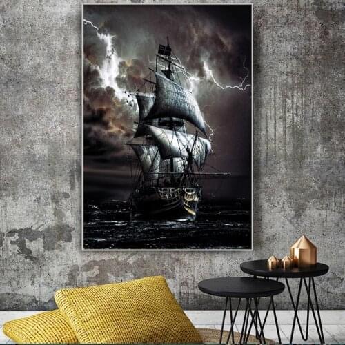 Pirate Ship Painting Black Vintage Sailing Ship and Lightning on Sea Canvas Posters and Prints Living Room Decoration