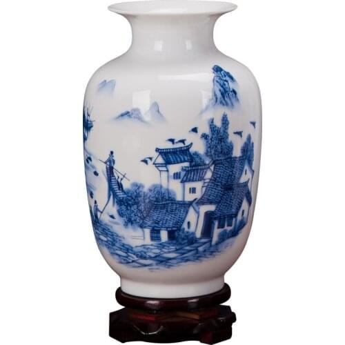 Classic Chinese Blue and White Flower Design Ceramic Vase Antique Tabletop Flower Vase For Hotel Dining Room Decoration No Base
