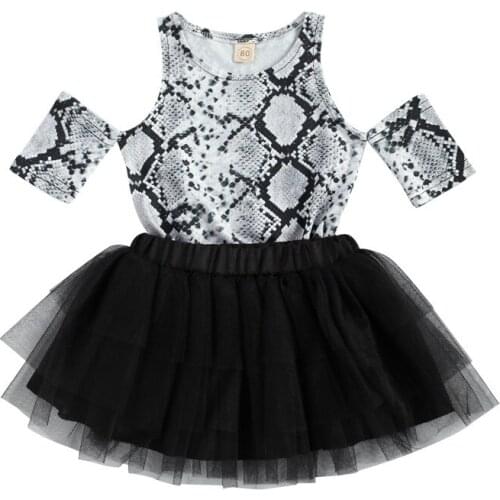 2Pcs Summer Children Girls Clothing Sets Snakeskin Printing Off Shoulder Round Collar T-shirts Top + Solid Color Mesh Skirt Sets