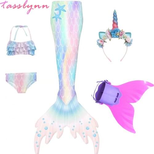 2021 Kids Girls Swimming Mermaid Tail Costume Cosplay Children Swimsuit Fantasy Beach Bikini Can Add Monofin Fin Princess Dress