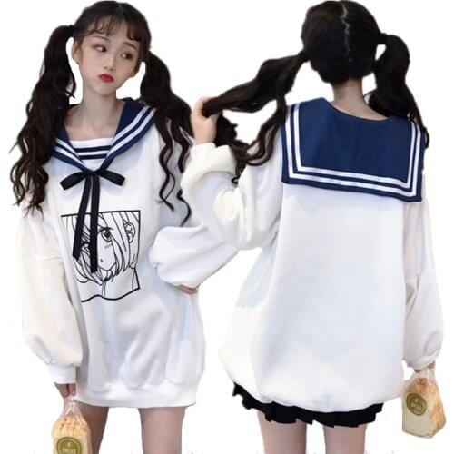 Kawaii Sweet Girls Winter Hoodies Comic Printed Sailor Collar Oversized Sweatshirt Soft Bestie Sisters Cute Maxi Long Loose Tops